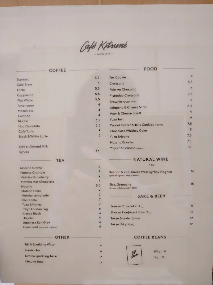 Menu, Café Kitsuné Vancouver