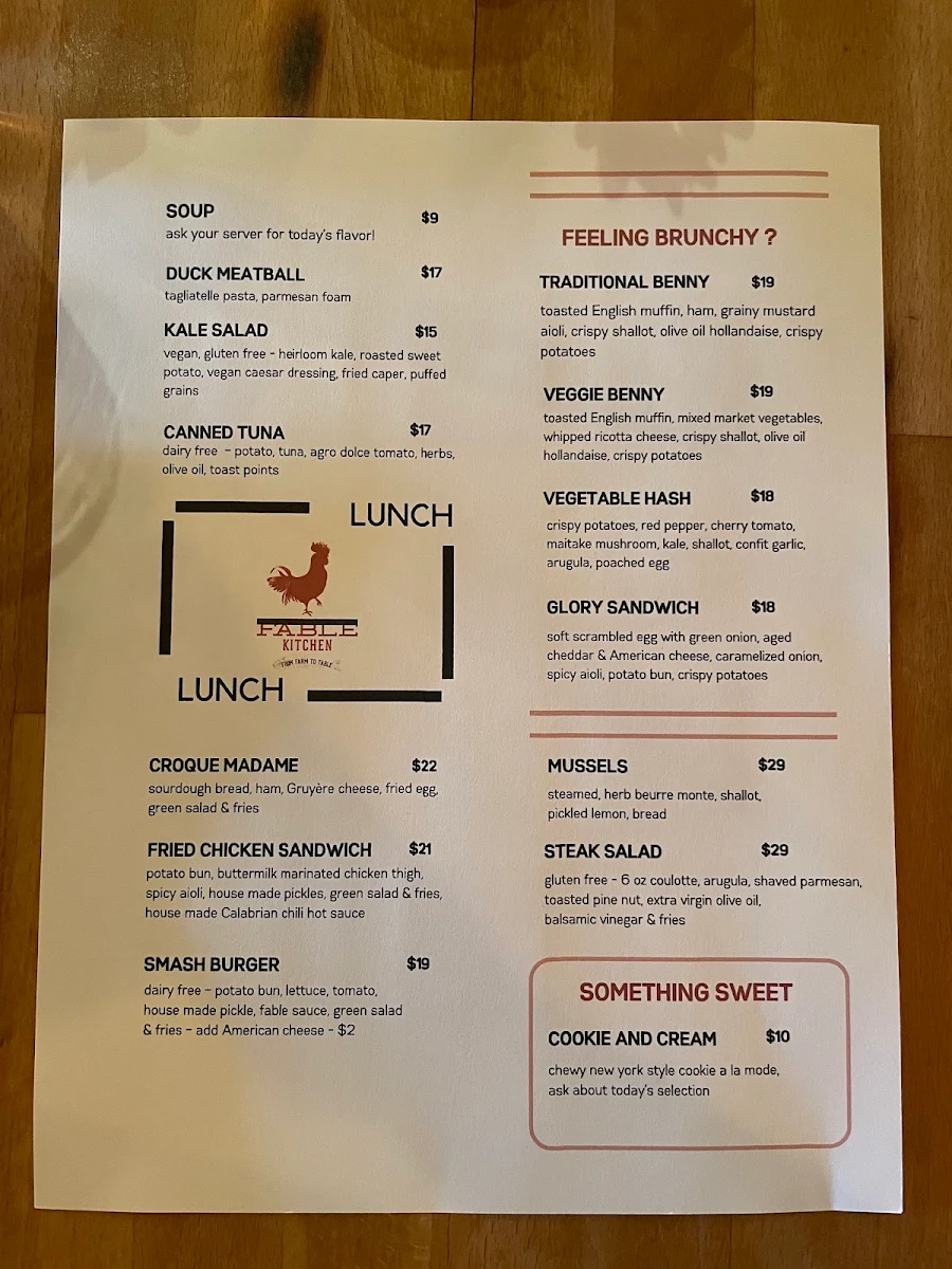 Menu, Fable Kitchen