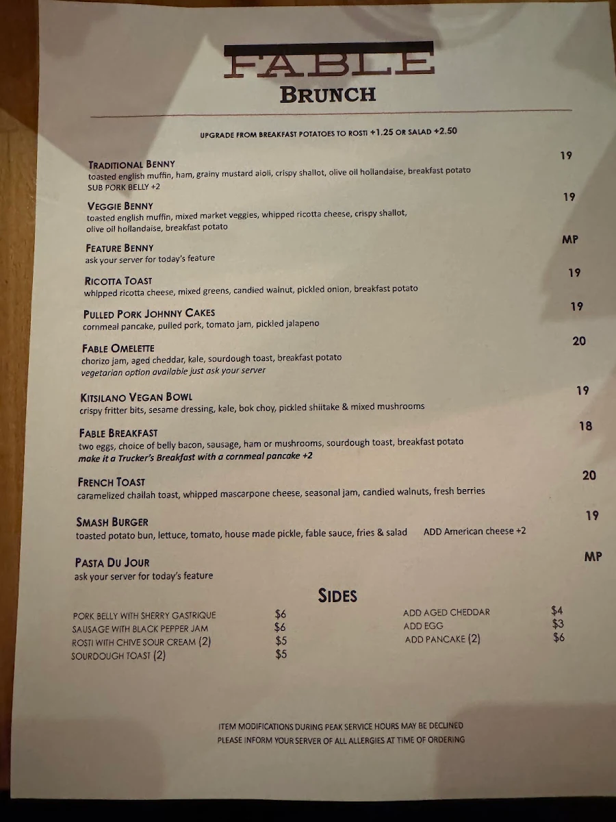 Menu, Fable Kitchen