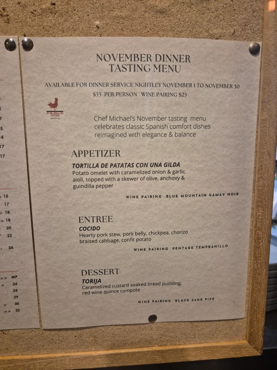 Menu, Fable Kitchen