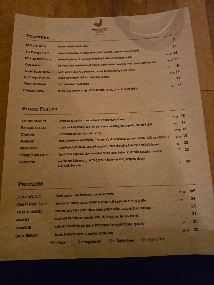 Menu, Fable Kitchen