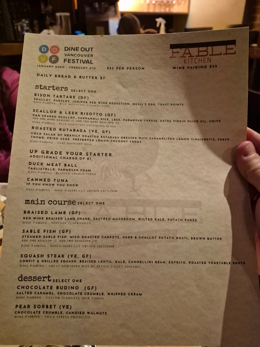 Menu, Fable Kitchen