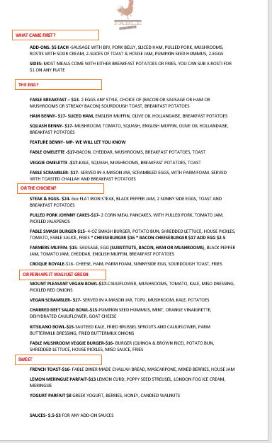 Menu, Fable Kitchen