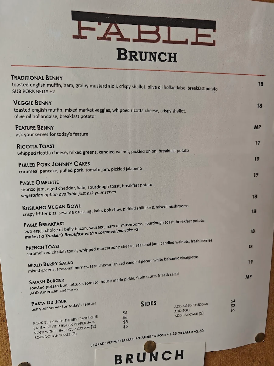 Menu, Fable Kitchen