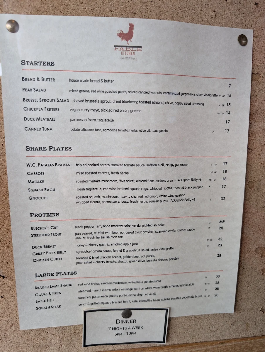 Menu, Fable Kitchen