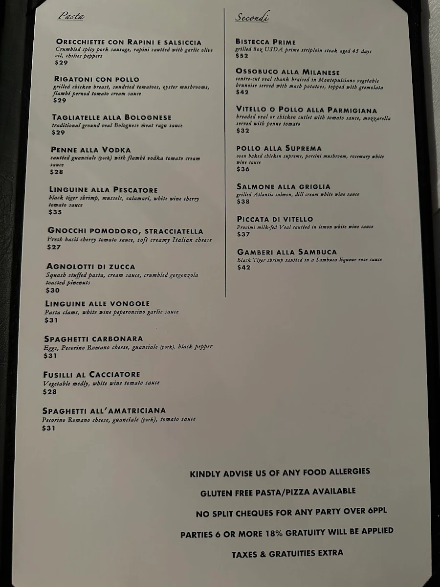 Menu, FiAMMA Restaurant