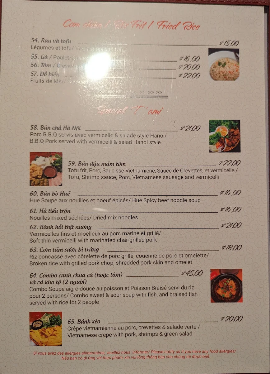 Menu, T'ami Restaurant