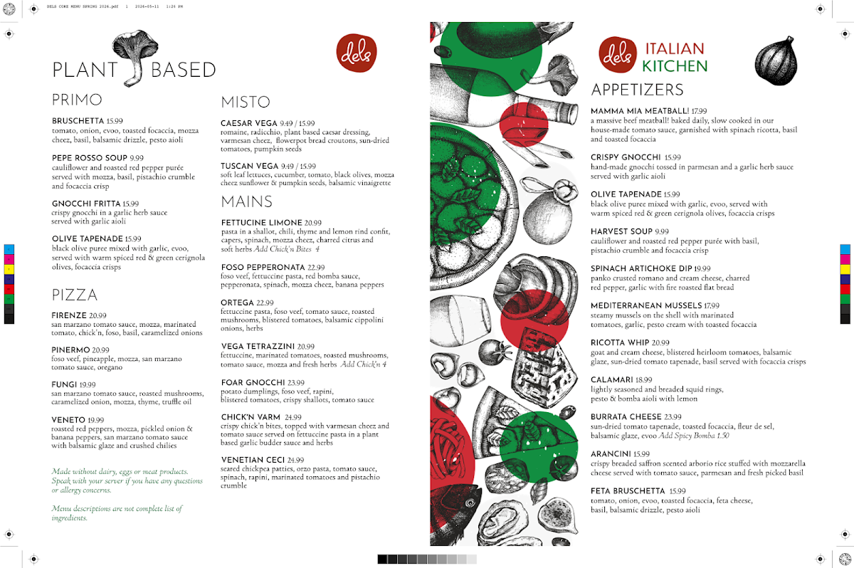 Menu, Del's Italian Kitchen
