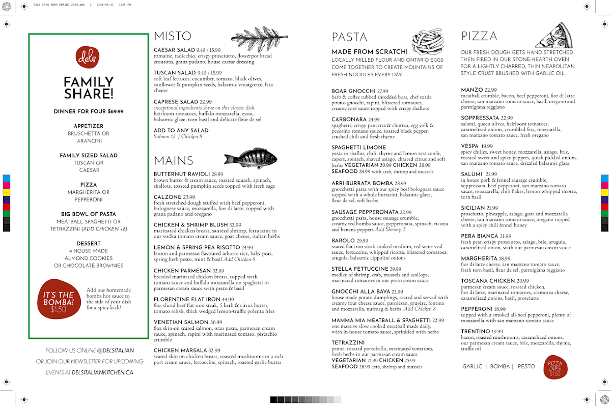 Menu, Del's Italian Kitchen