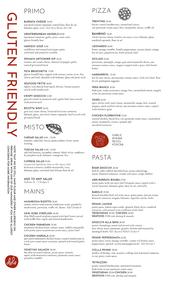 Menu, Del's Italian Kitchen