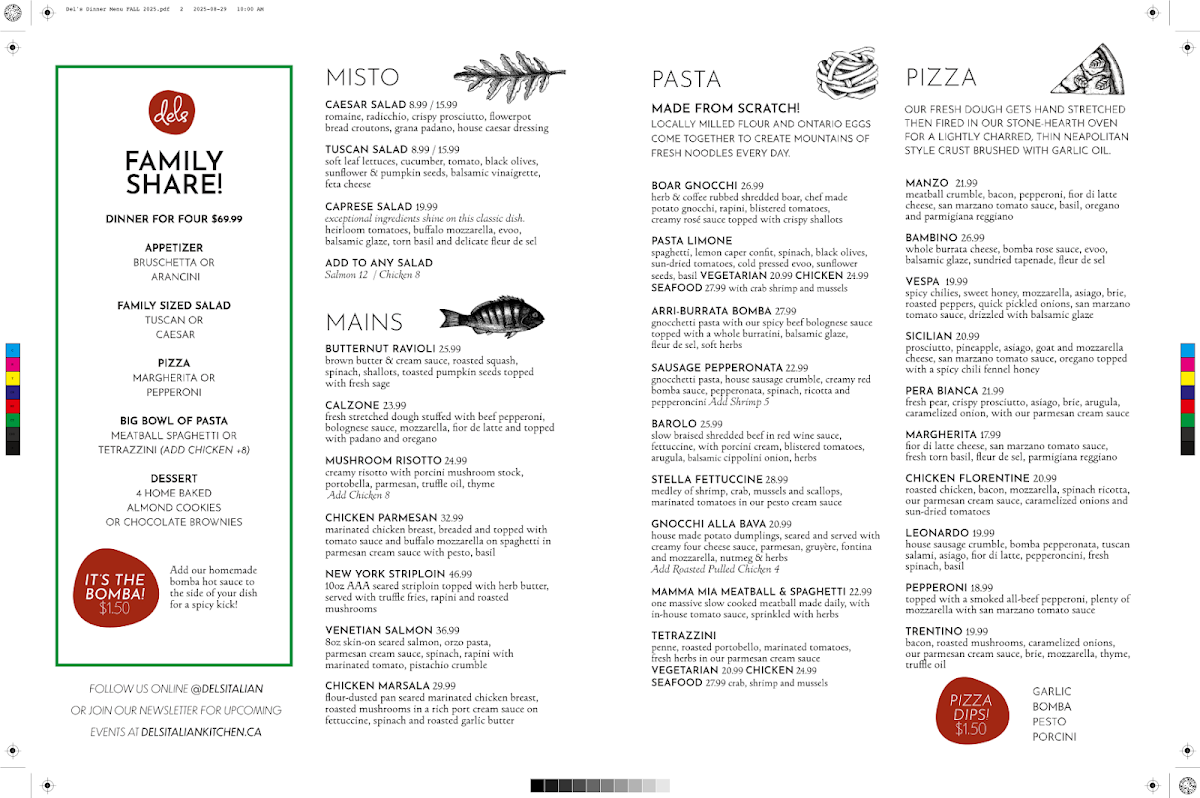 Menu, Del's Italian Kitchen