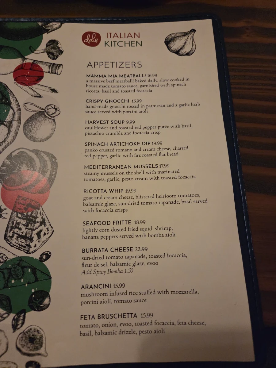 Menu, Del's Italian Kitchen
