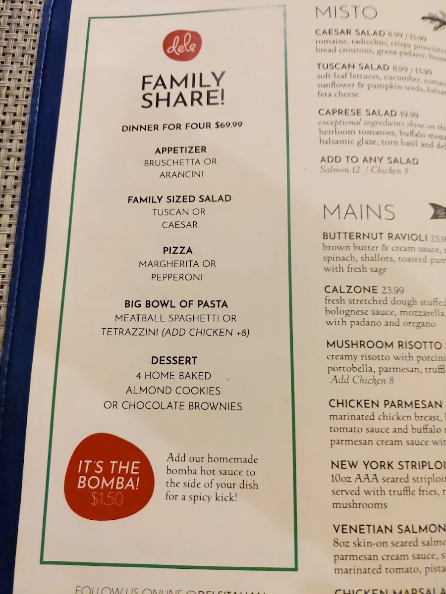 Menu, Del's Italian Kitchen