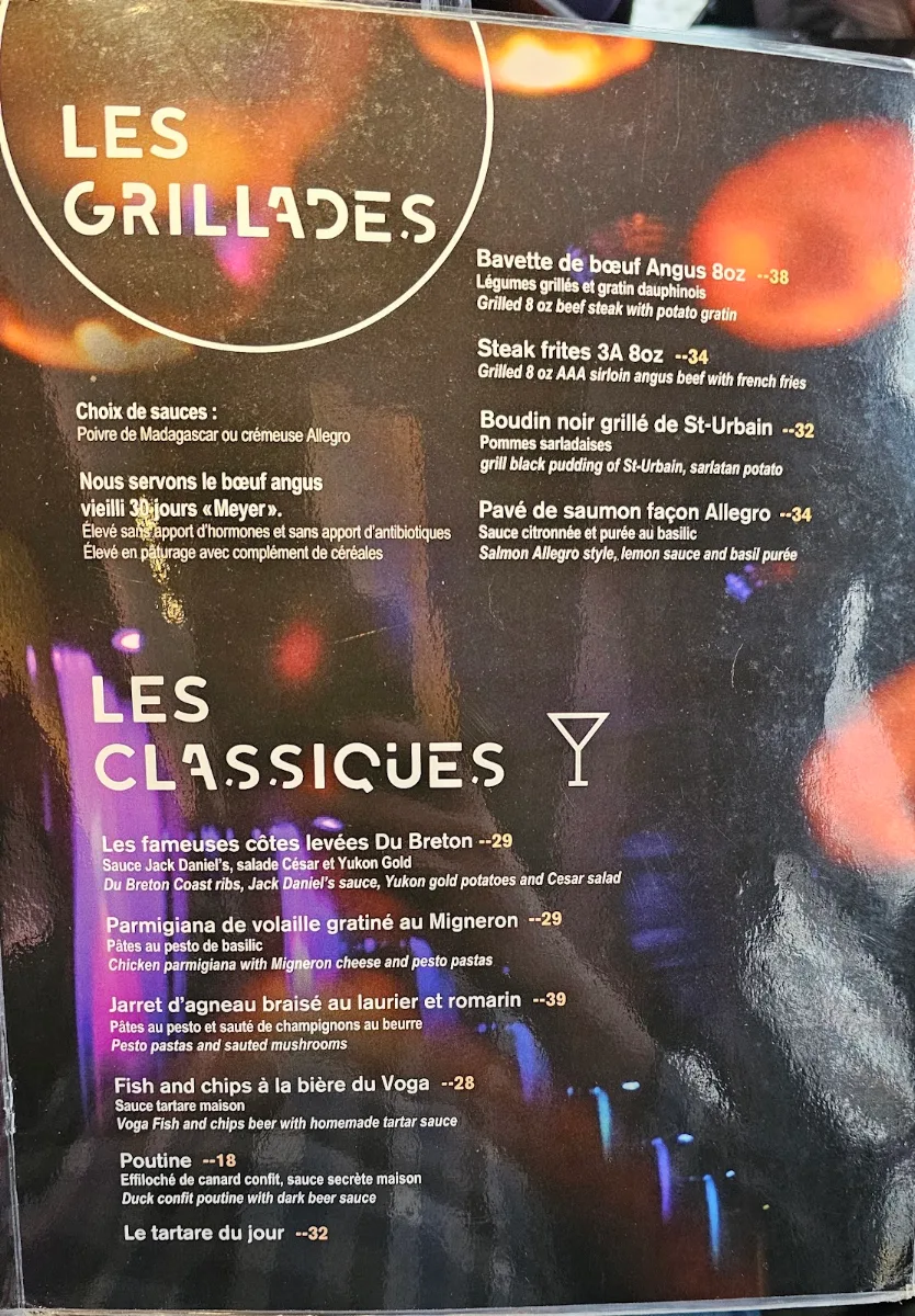 Menu, Restaurant Allegro