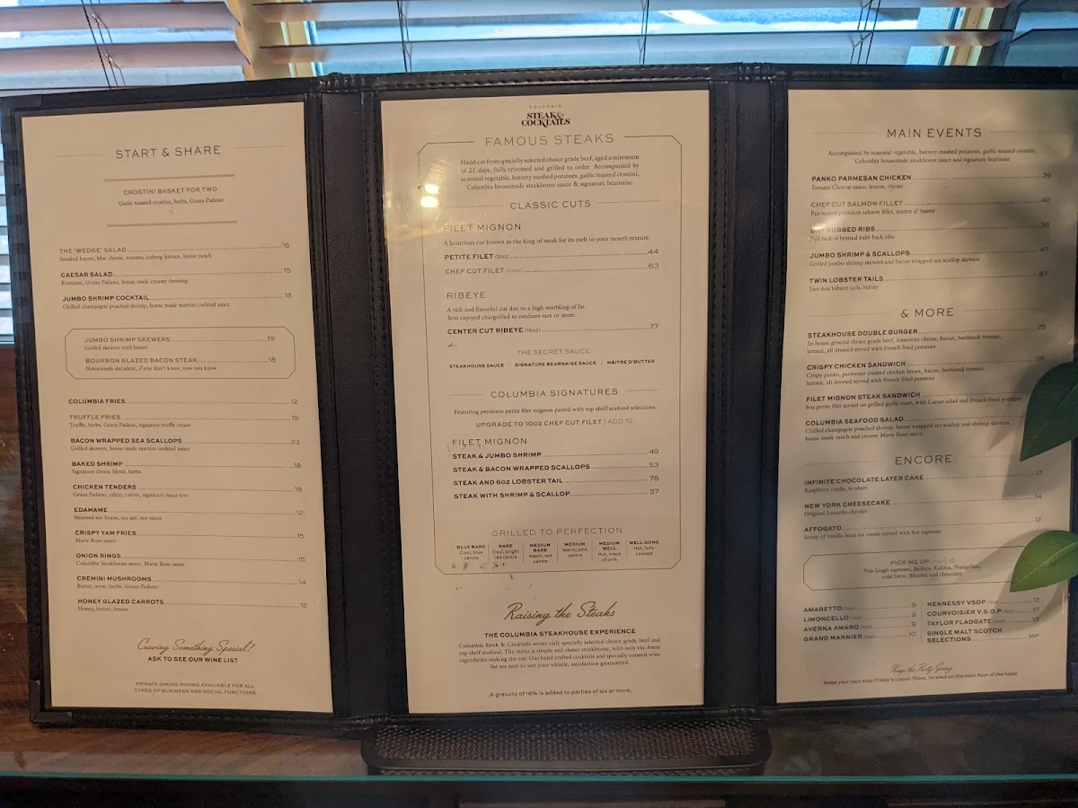 Menu, Columbia Steakhouse & Bar