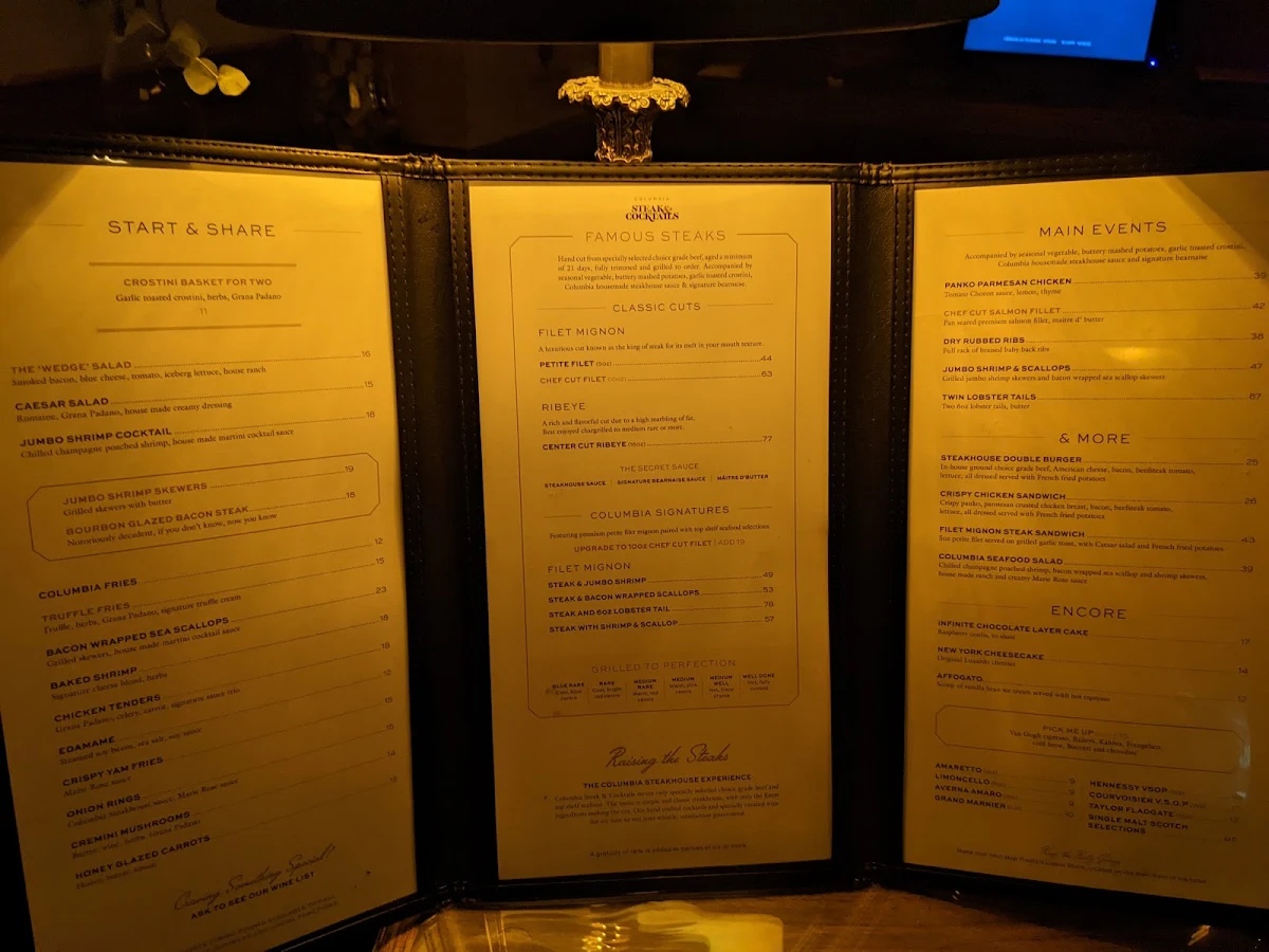Menu, Columbia Steakhouse & Bar