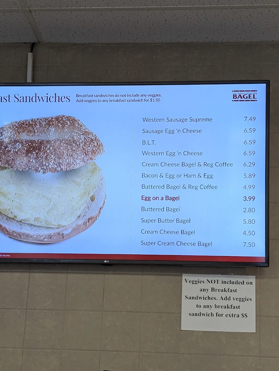 Menu, The Great Canadian Bagel