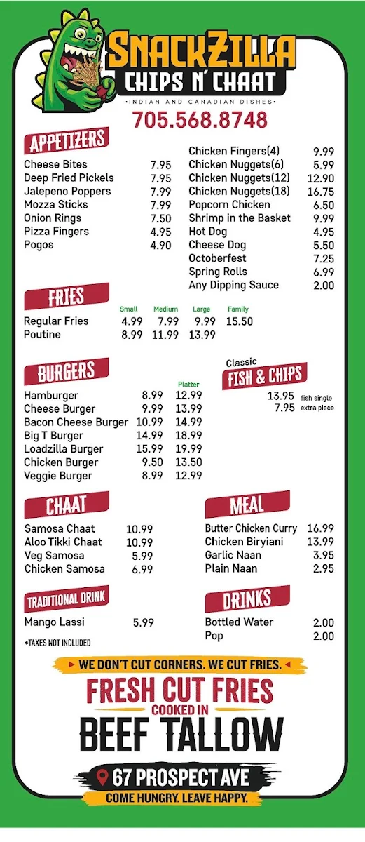 Menu, Snackzilla chips n’ chaat