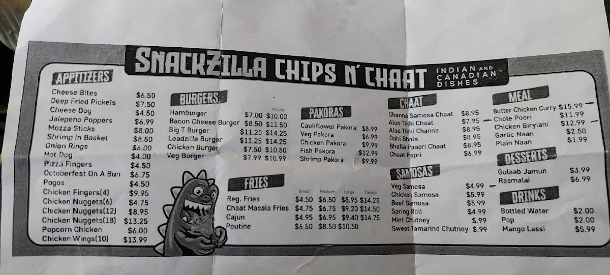 Menu, Snackzilla chips n’ chaat