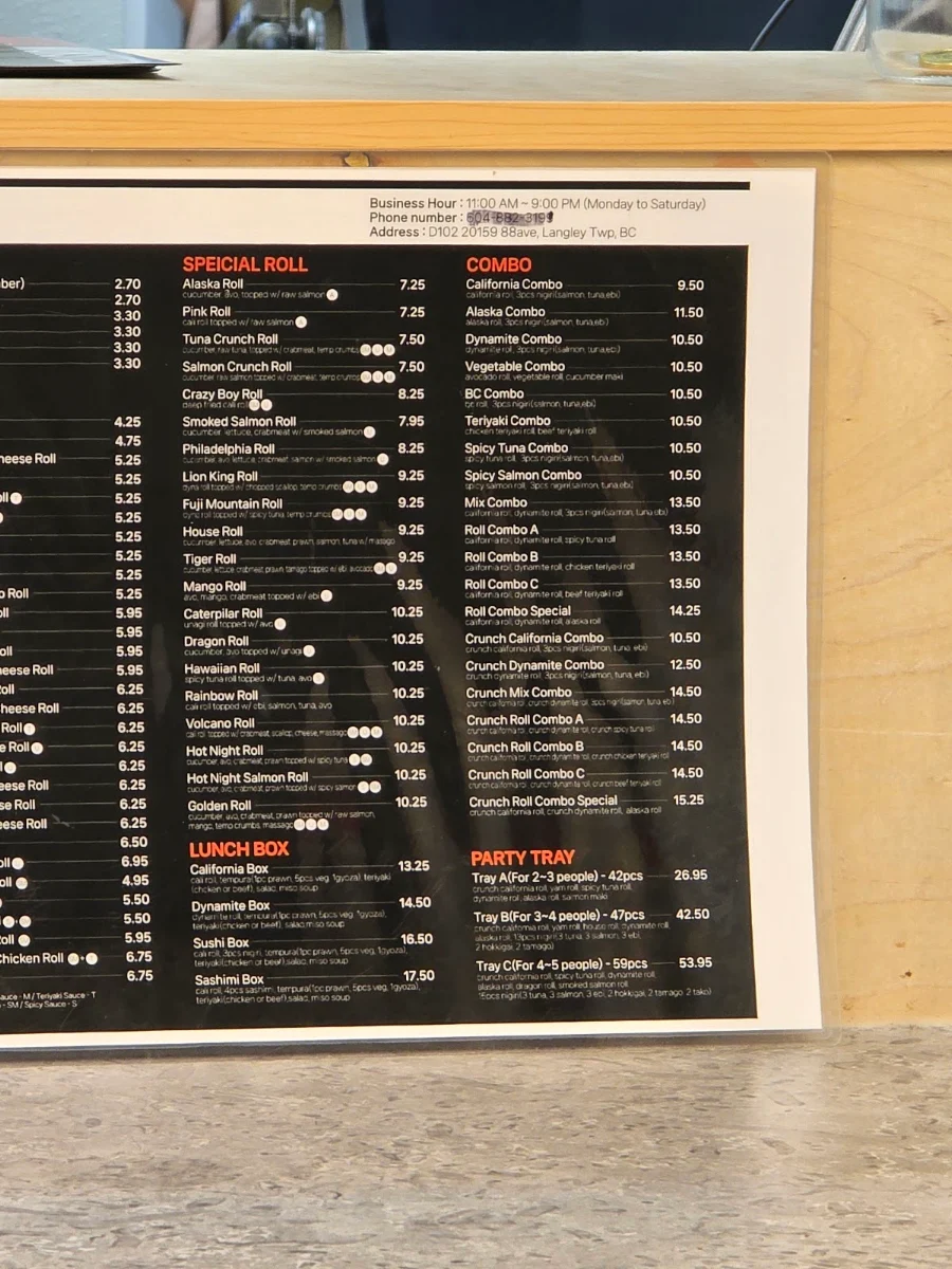 Menu, Sushi Monster