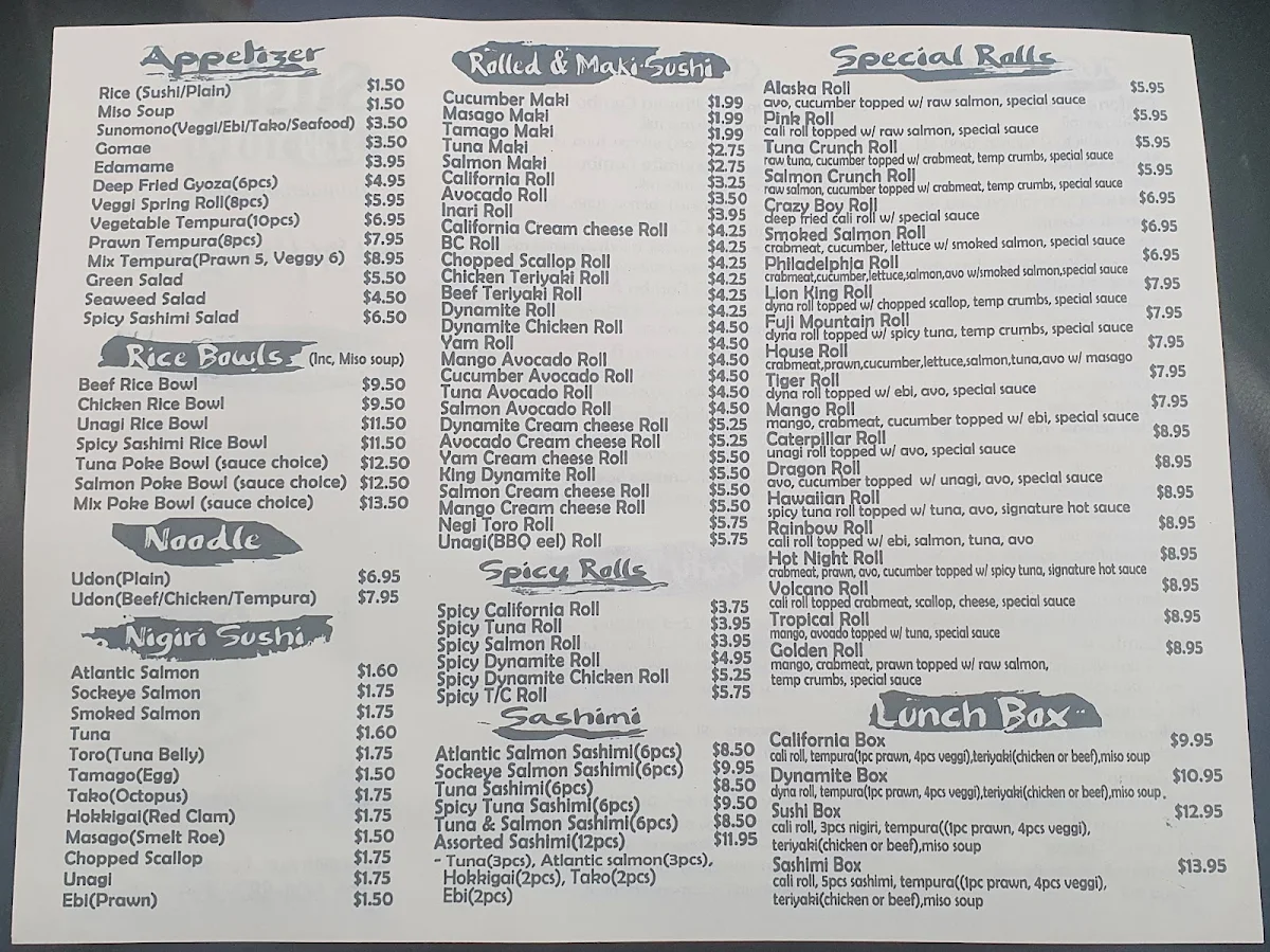 Menu, Sushi Monster