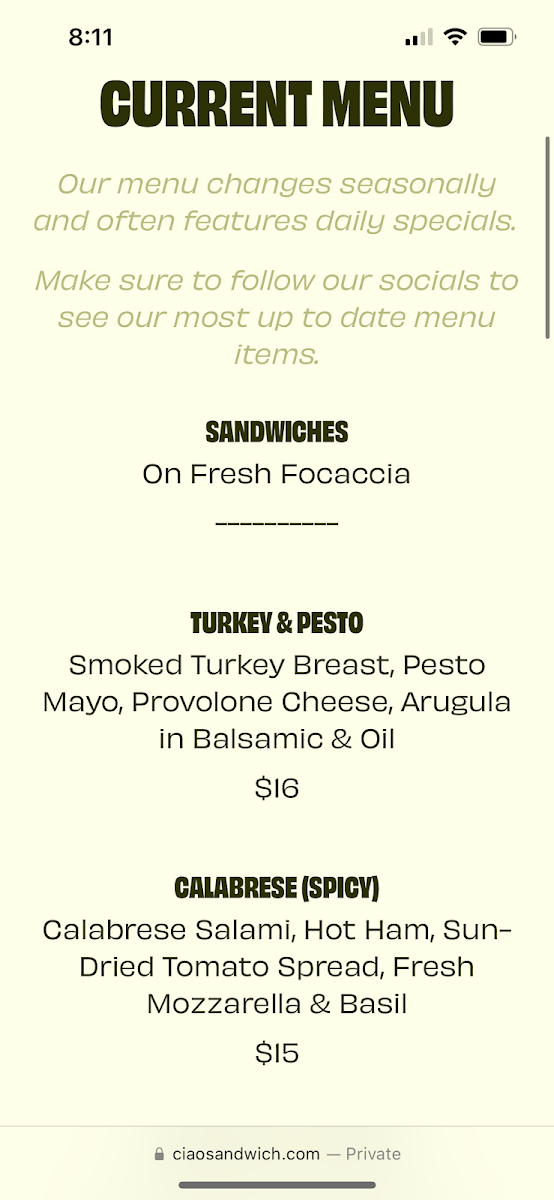 Menu, Ciao Sandwich Co