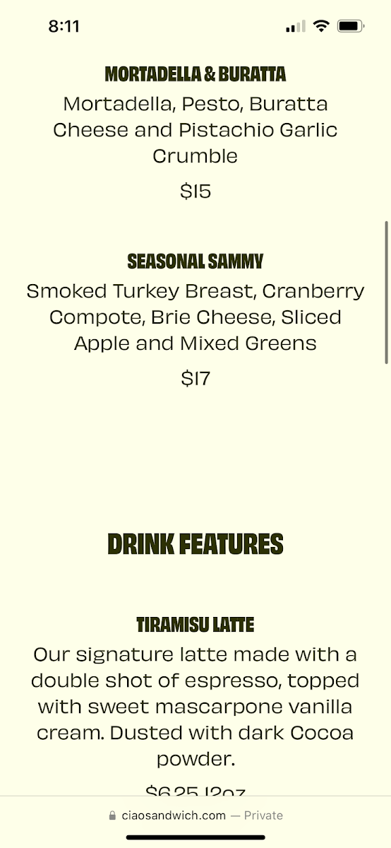 Menu, Ciao Sandwich Co