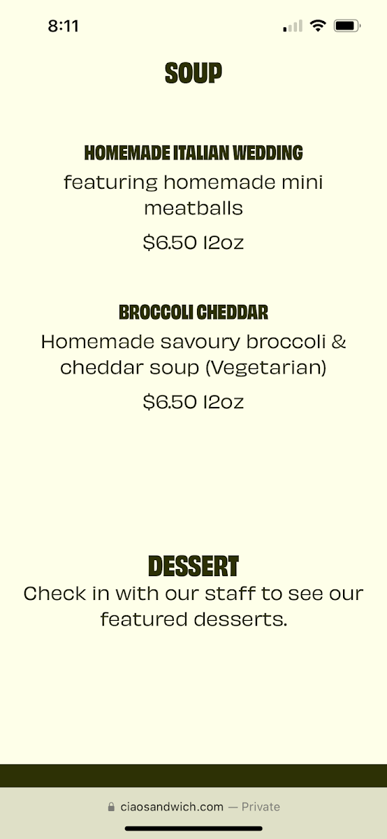 Menu, Ciao Sandwich Co