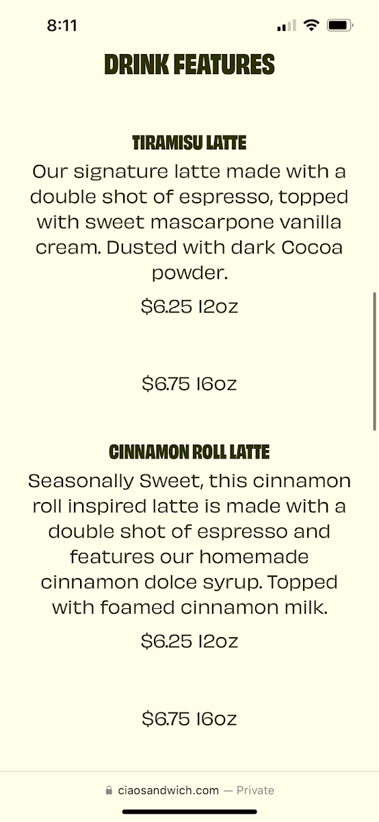 Menu, Ciao Sandwich Co