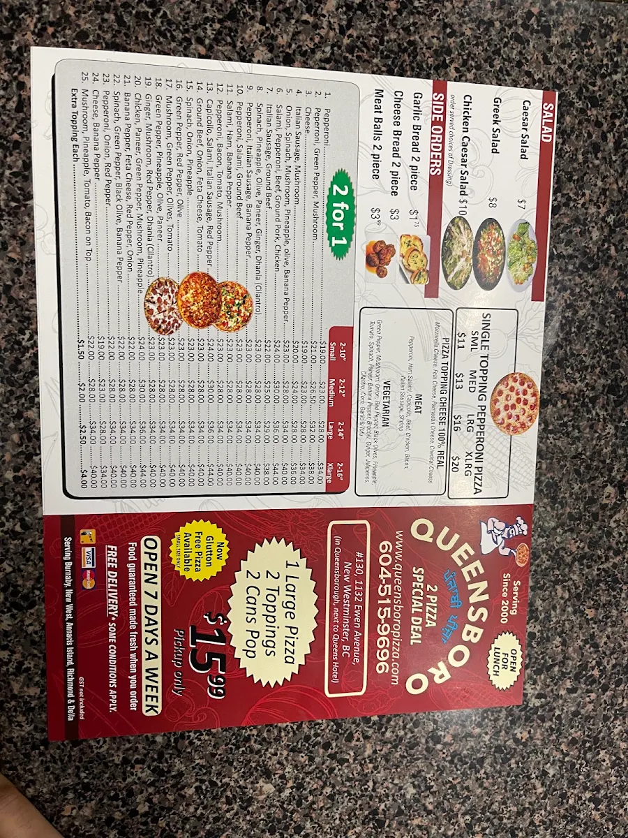 Menu, Queensboro Pizza