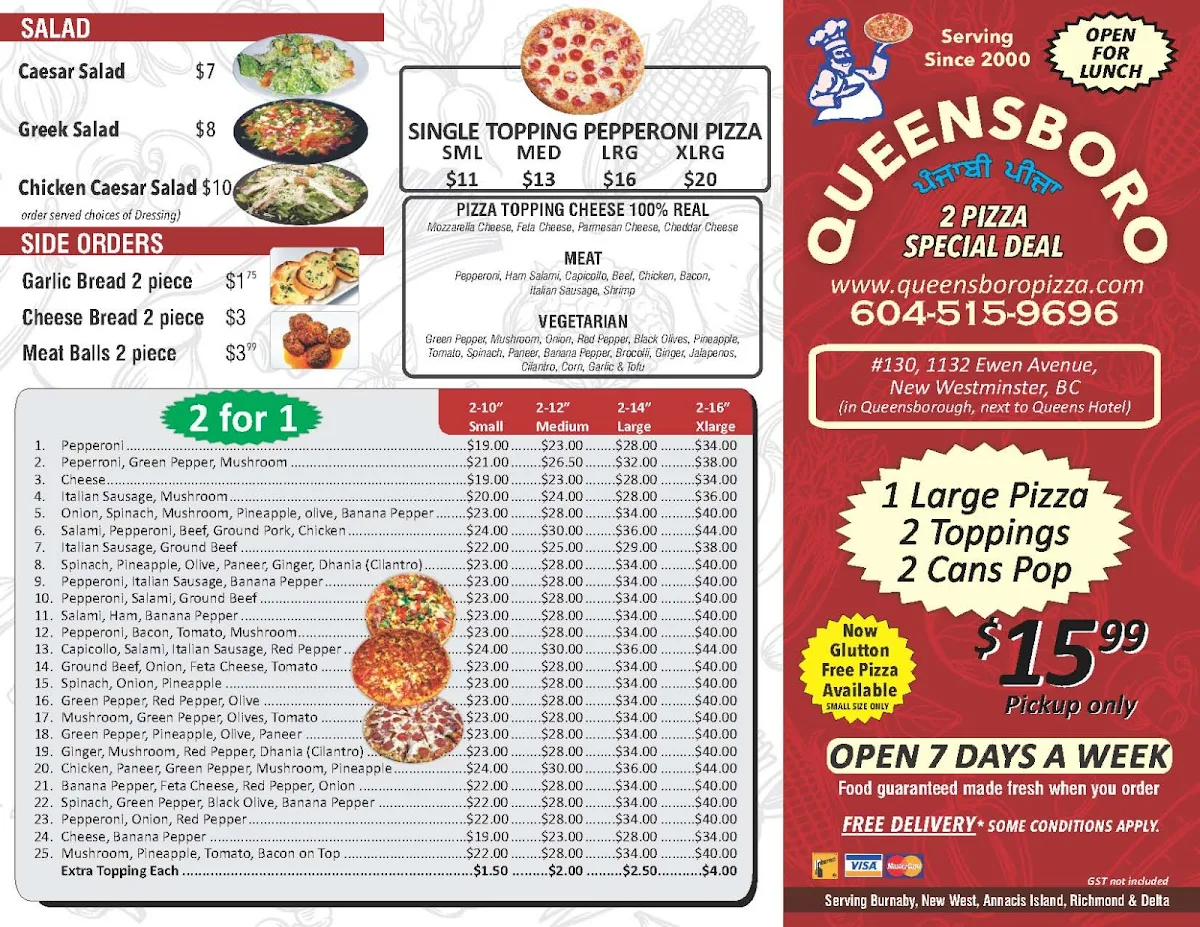 Menu, Queensboro Pizza