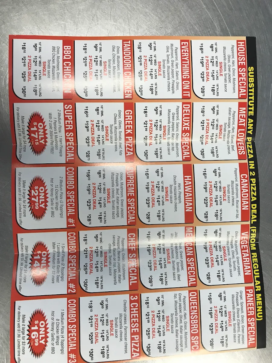 Menu, Queensboro Pizza