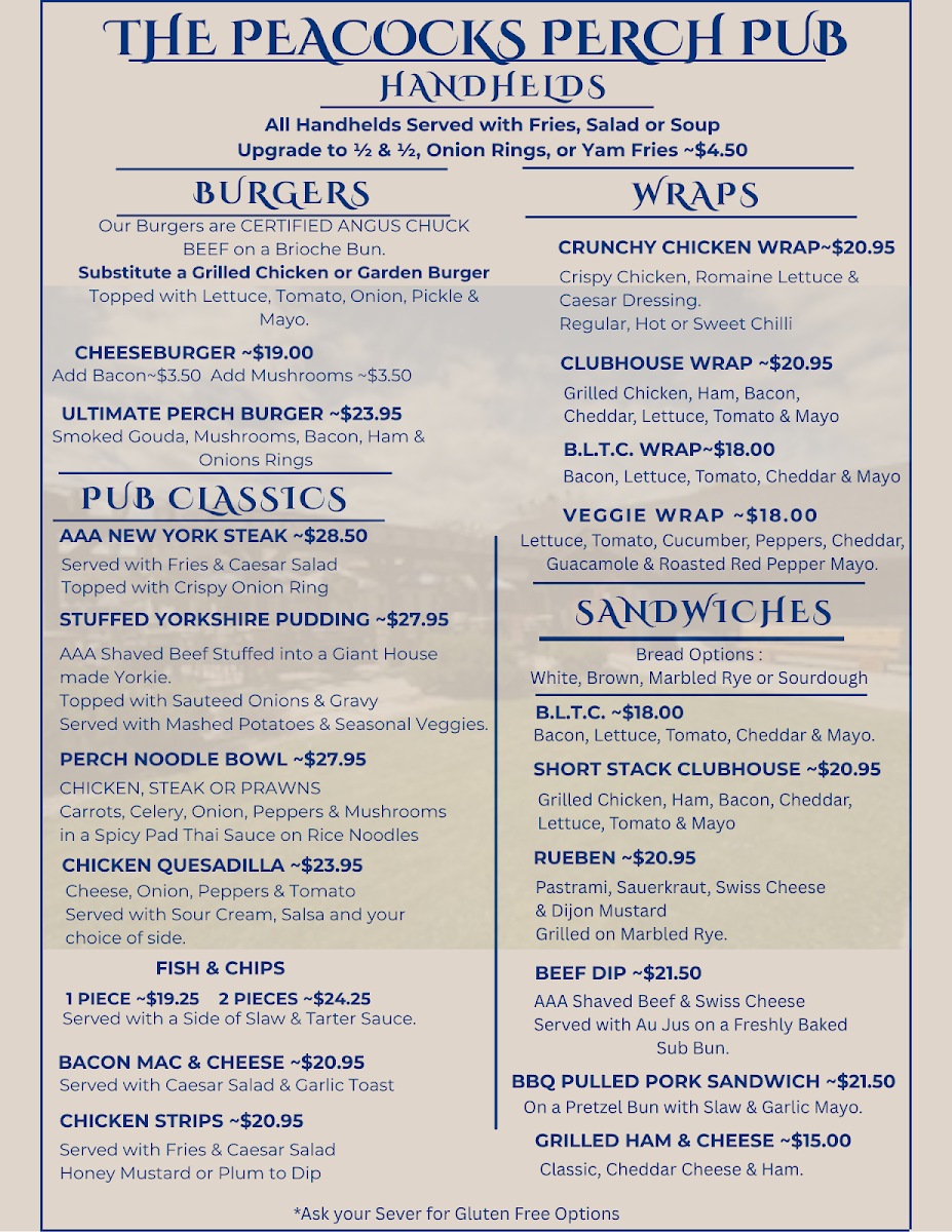 Menu, Peacock’s Perch Pub