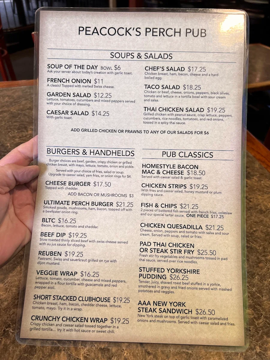 Menu, Peacock’s Perch Pub