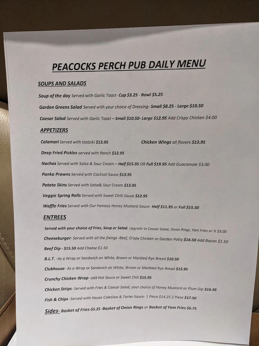 Menu, Peacock’s Perch Pub