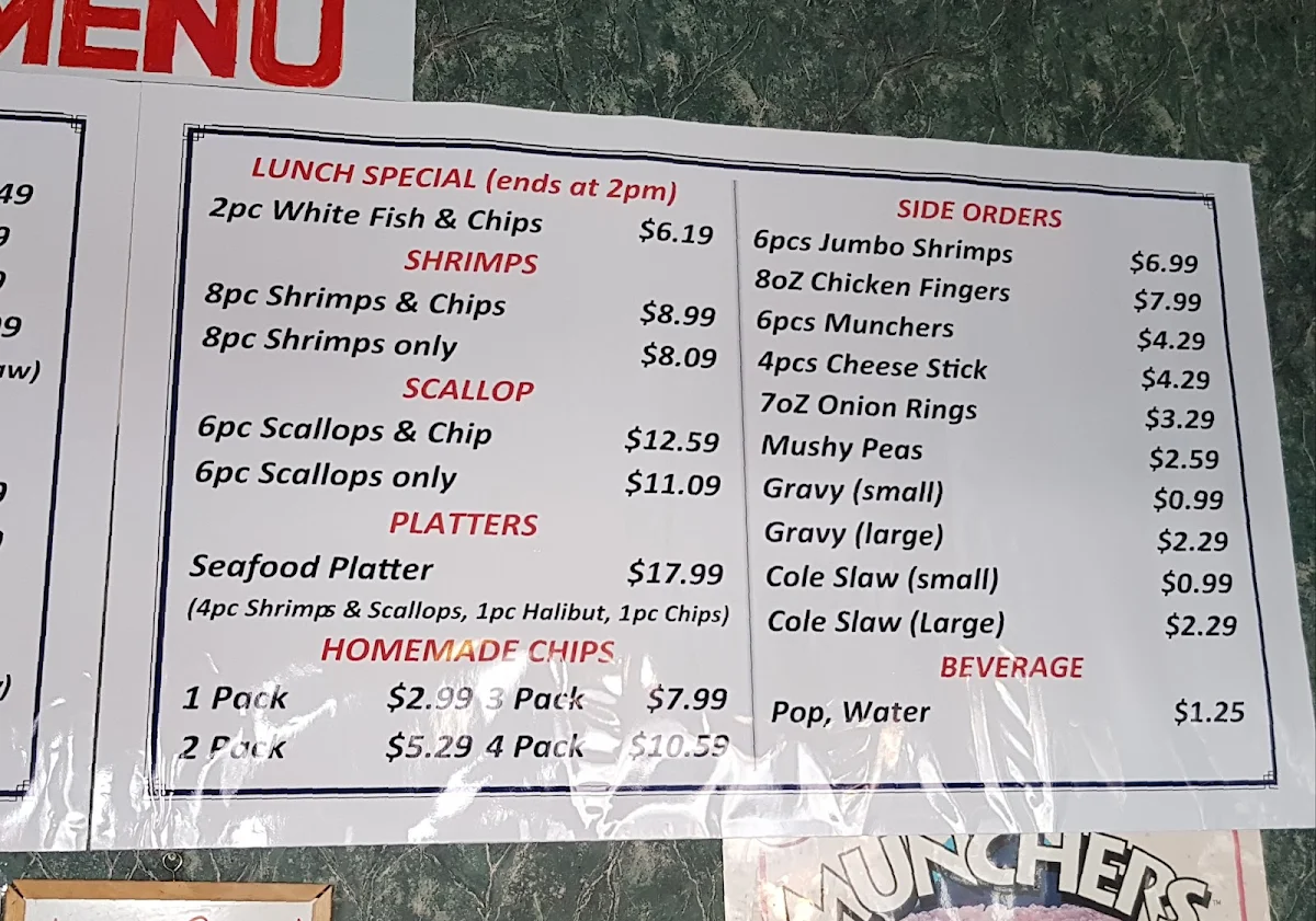 Menu, King Fish & Chips