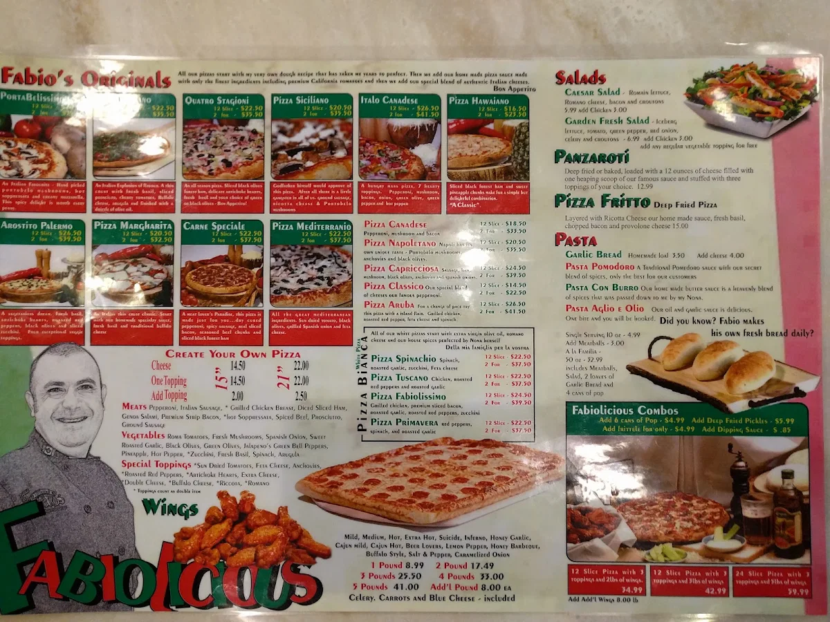 Menu, Fabio's Pizza