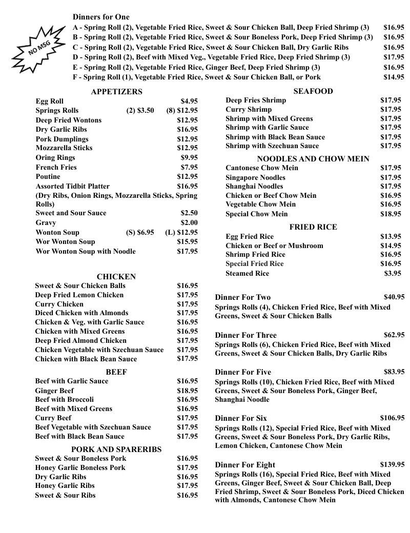 Menu, Sing's Family Restaurant
