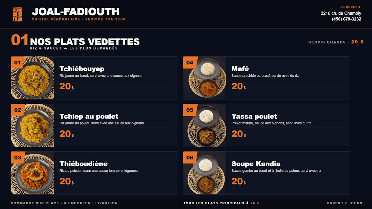 Menu, Restaurant Joal-Fadiouth