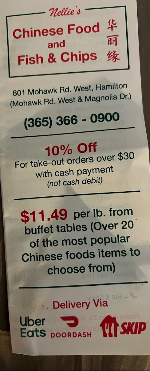Menu, Nellie's Chinese Food and Fish & Chips