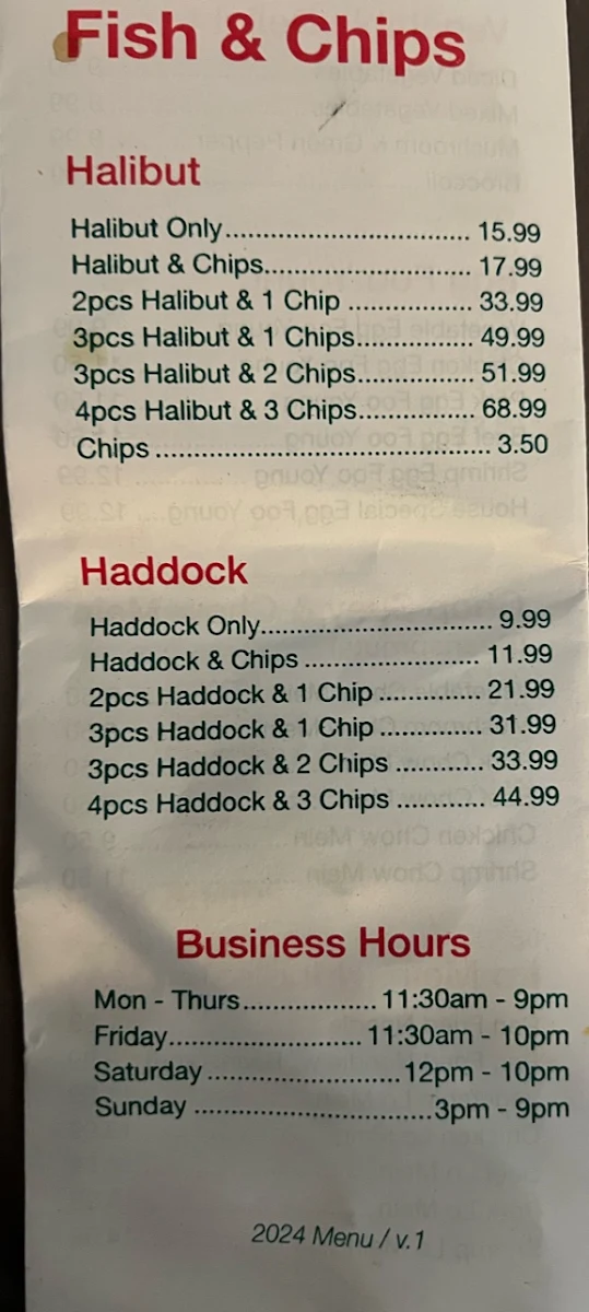 Menu, Nellie's Chinese Food and Fish & Chips