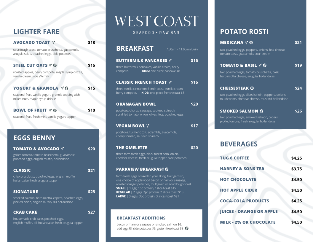 Menu, West Coast Seafood & Raw Bar Kelowna