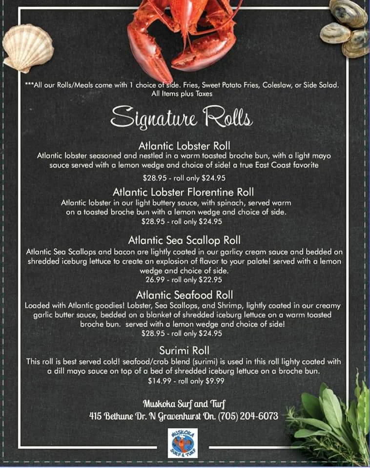 Menu, Muskoka Surf and Turf