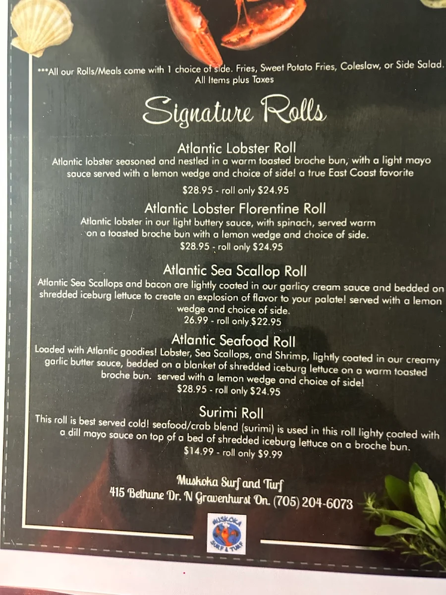 Menu, Muskoka Surf and Turf