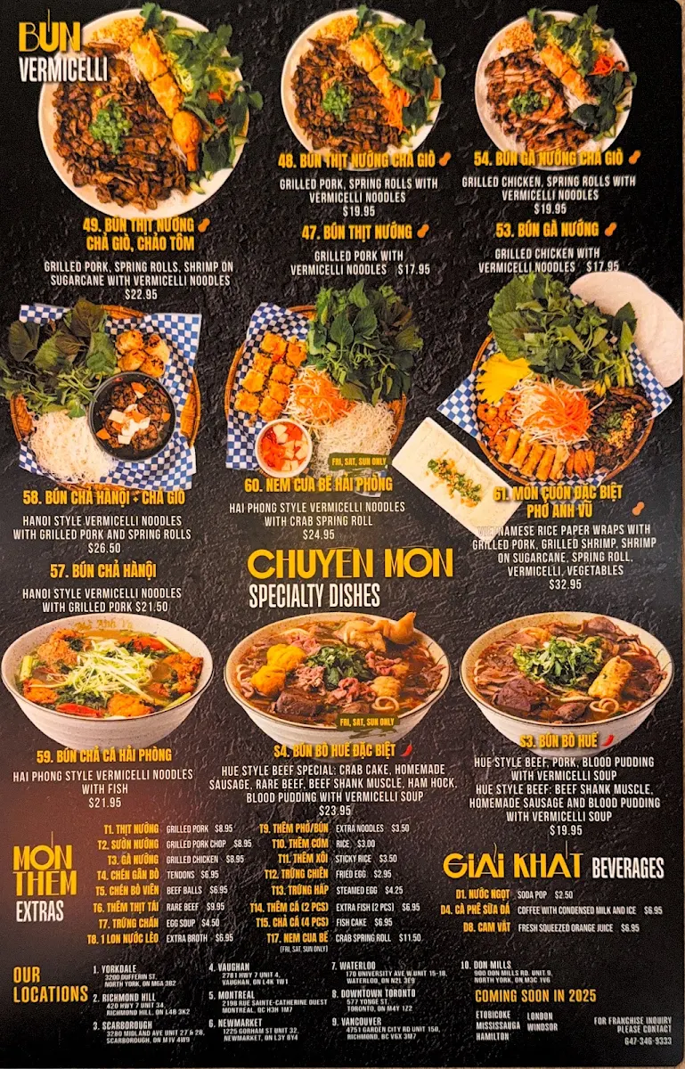 Menu, Pho Anh Vu Toronto