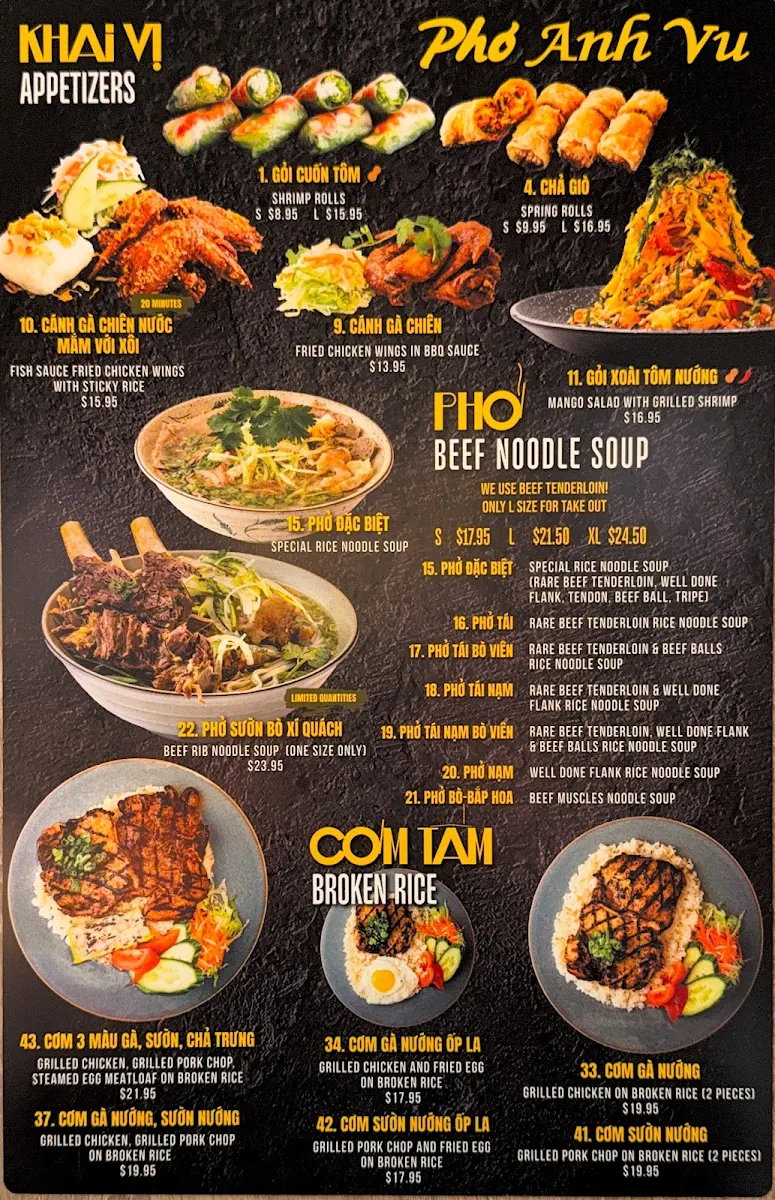 Menu, Pho Anh Vu Toronto