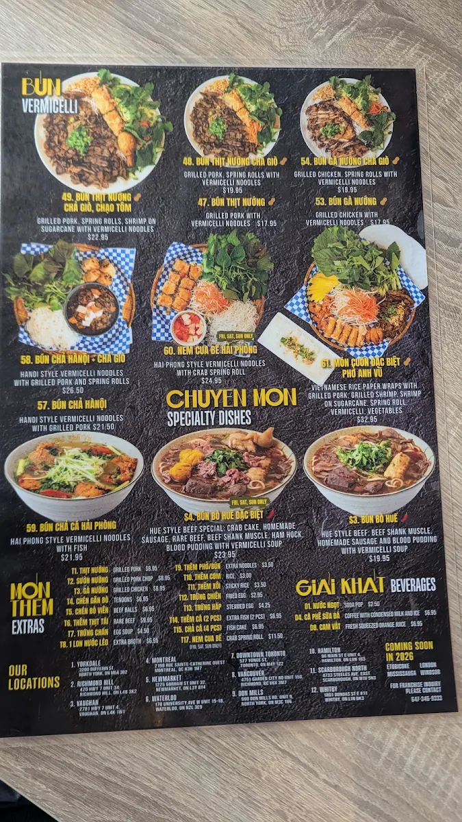 Menu, Pho Anh Vu Toronto