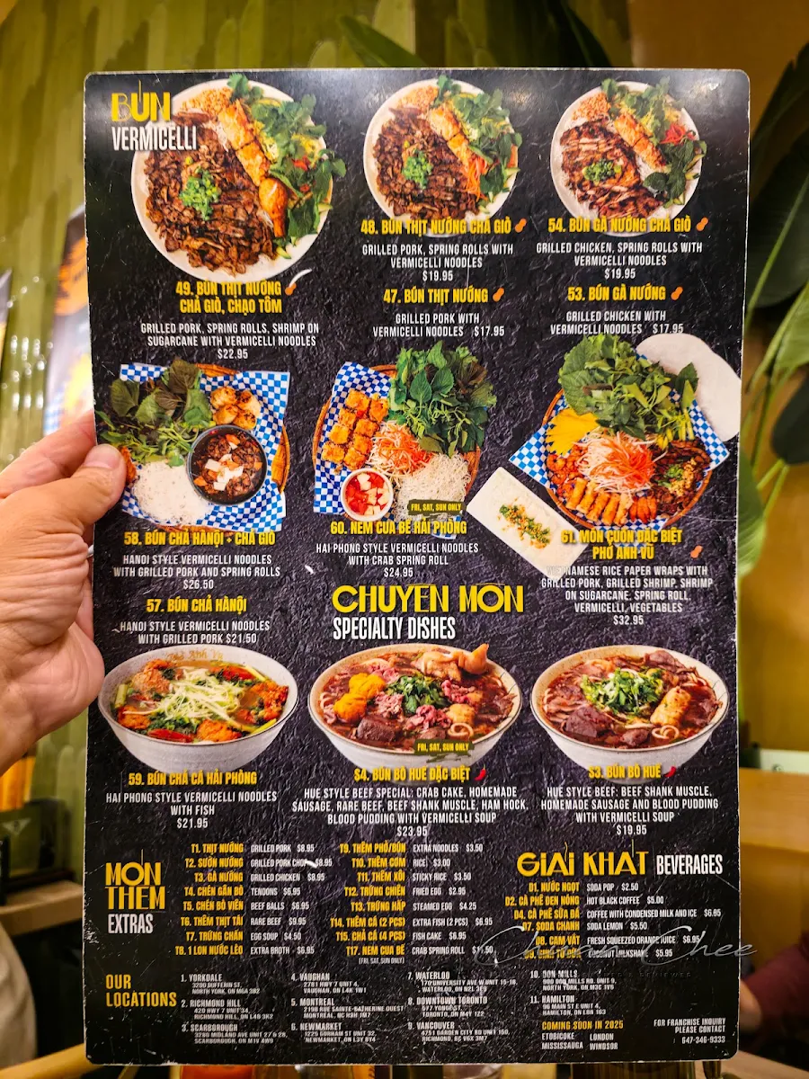 Menu, Pho Anh Vu Toronto