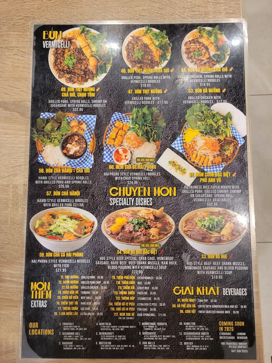 Menu, Pho Anh Vu Toronto