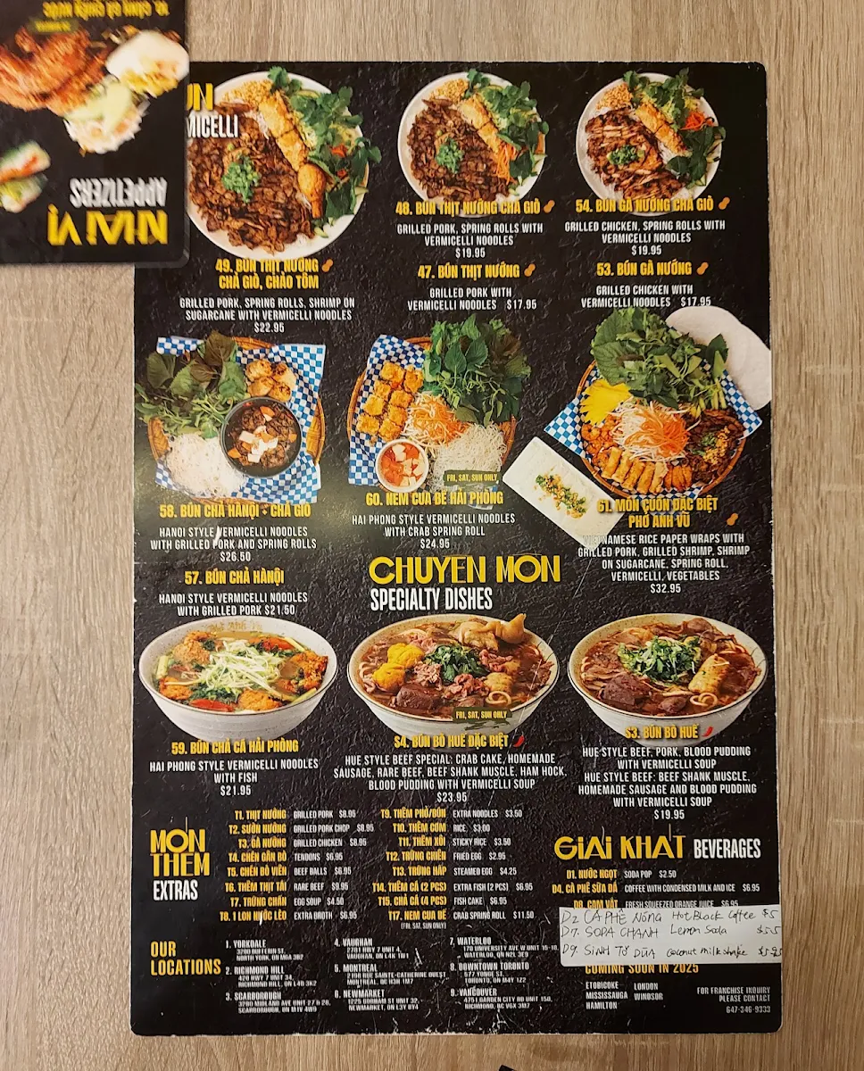 Menu, Pho Anh Vu Toronto